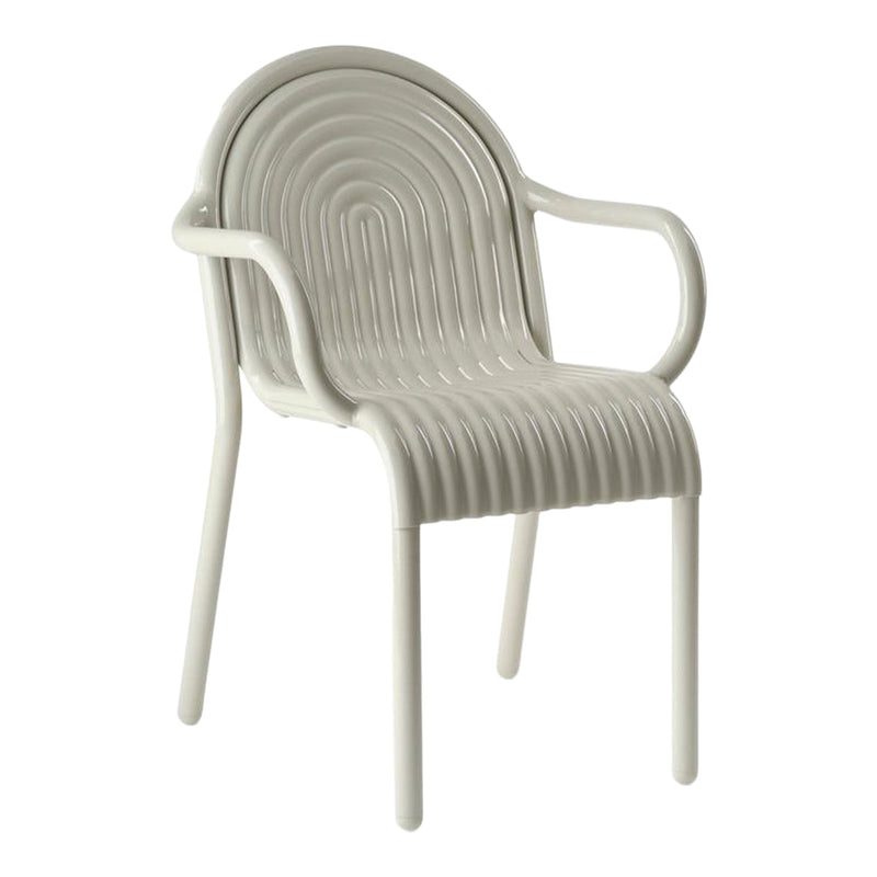 White ribbed plastic chair with curved design and smooth finish, perfect for modern decor.