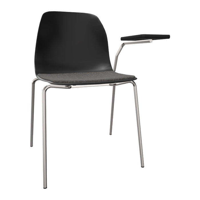 Black chair with a gray seat and chrome legs, featuring a sleek design and minimalistic aesthetic.