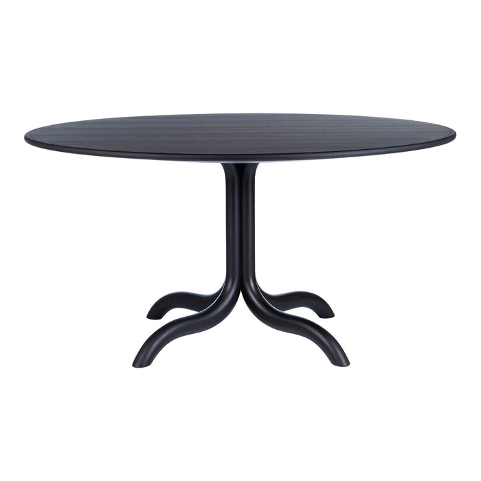 Black round table with a smooth, textured surface and sleek, curved legs. Ideal for modern decor.