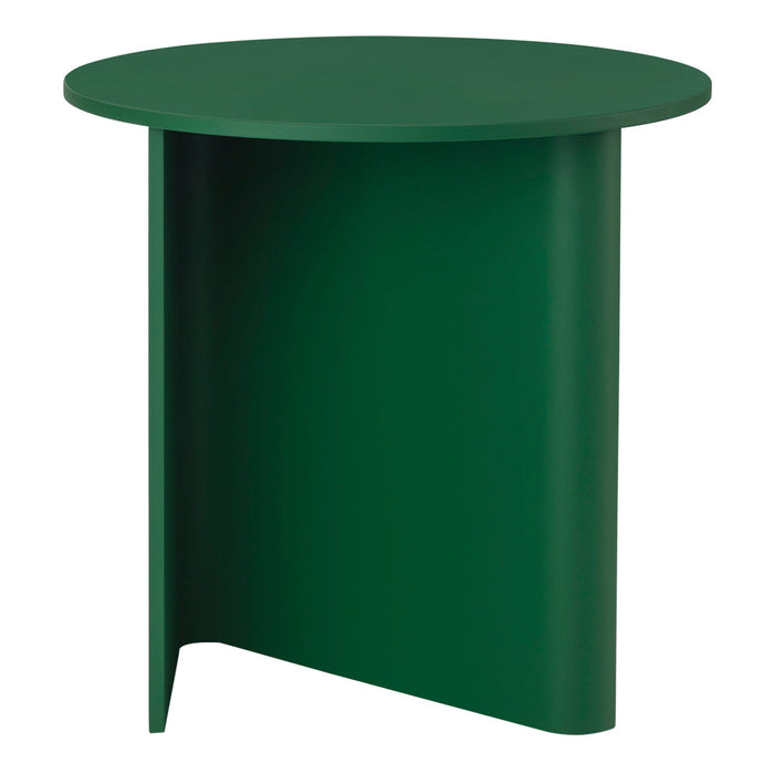 Green round side table with a sleek, matte finish and minimalist design. Ideal for modern decor.