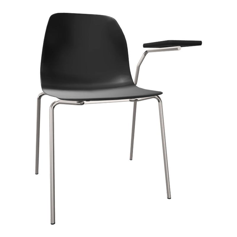 Black chair with a sleek design, featuring a glossy finish and chrome legs for a modern look.