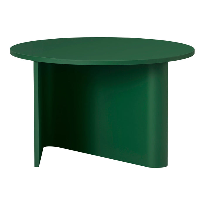 Round green table with a sleek, modern design and smooth matte finish. Perfect for contemporary decor.