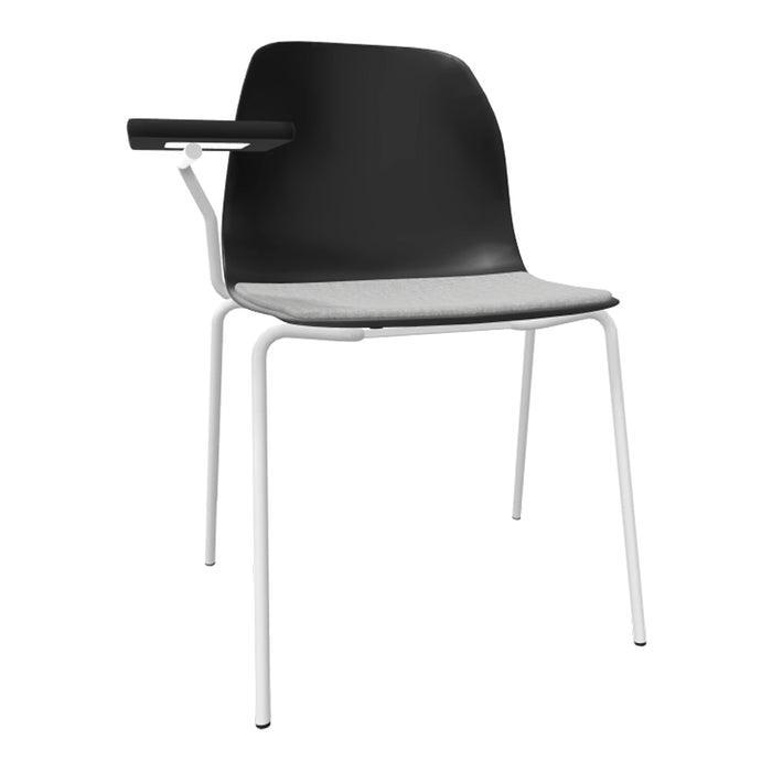 Black plastic seat with a grey cushion and sleek white metal legs, modern and minimalist design.