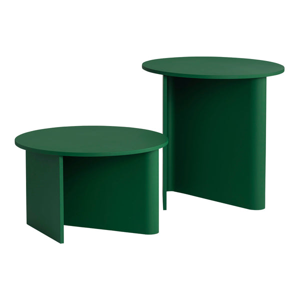 "Set of two modern round end tables in a deep forest green finish with a sleek, minimalist design."