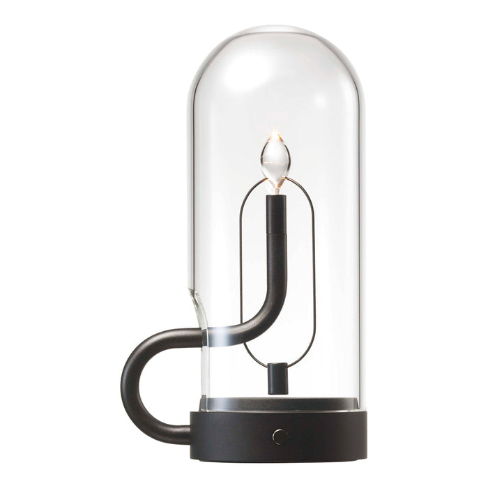 Glass lamp with a sleek black base and minimalist design, featuring a clear dome and elegant light bulb.