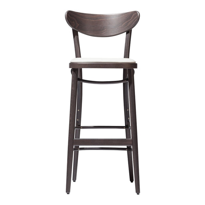 Dark wood bar stool with a simple design and a light-colored cushion seat, showcasing a modern, minimalist style.
