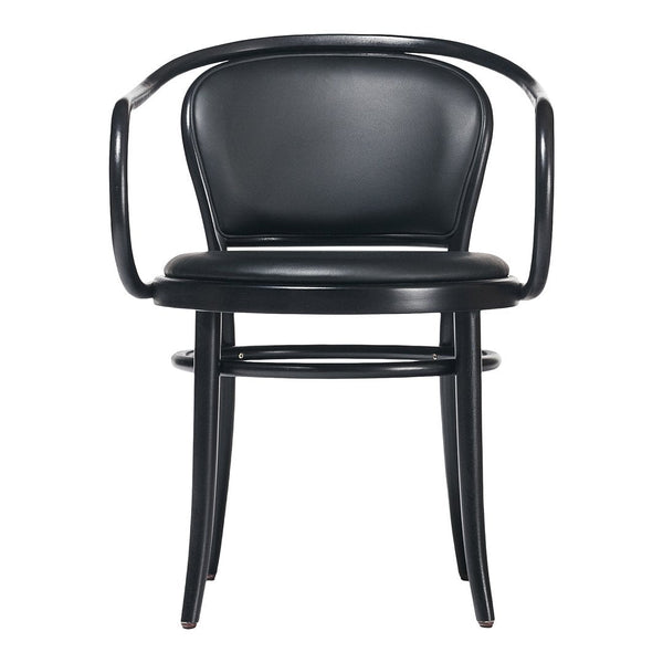 Black curved-back chair with sleek lines and minimalistic design, perfect for modern decor.