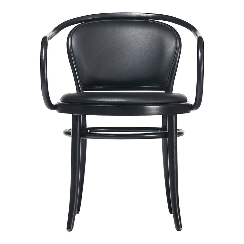 Black curved-back chair with sleek lines and minimalistic design, perfect for modern decor.