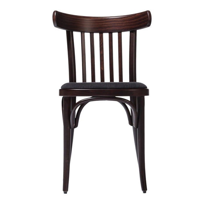 Dark wood dining chair with vertical slat design and upholstered black seat, showcasing a minimalist style.
