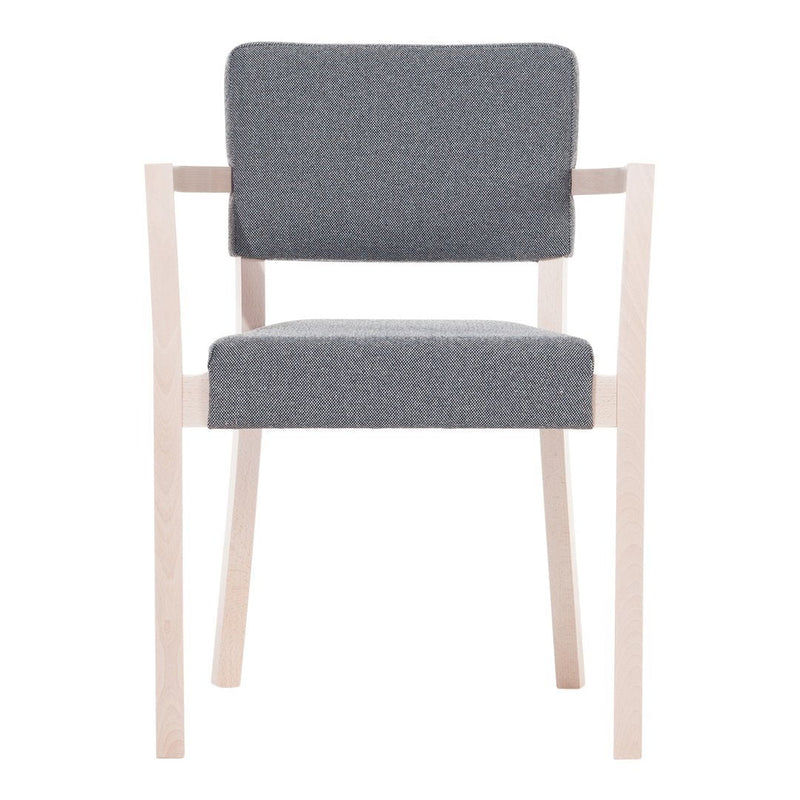 Gray upholstered chair with a smooth finish and natural wood accents, featuring a minimalist design and clean lines.