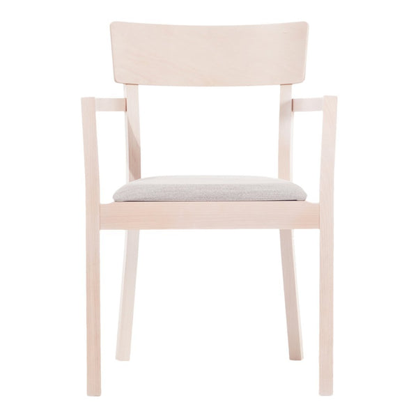 Light wood chair with a smooth finish and a soft gray upholstered seat, featuring minimalist design and clean lines.