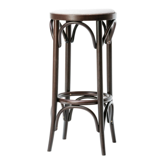 Dark wood bar stool with smooth finish and curved design, featuring a classic minimalist pattern. Ideal for modern decor.