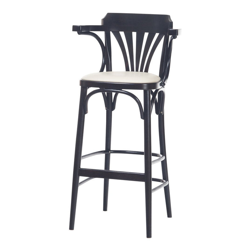 Black wooden bar stool with a sleek design and a light beige cushion seat, featuring elegant curved patterns.