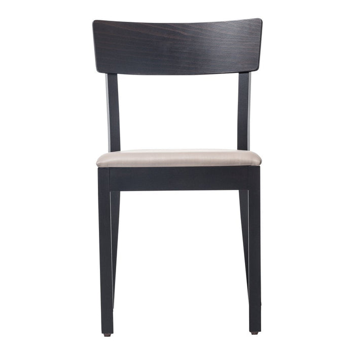 Black wooden chair with a beige cushioned seat, featuring a sleek and minimalist design.