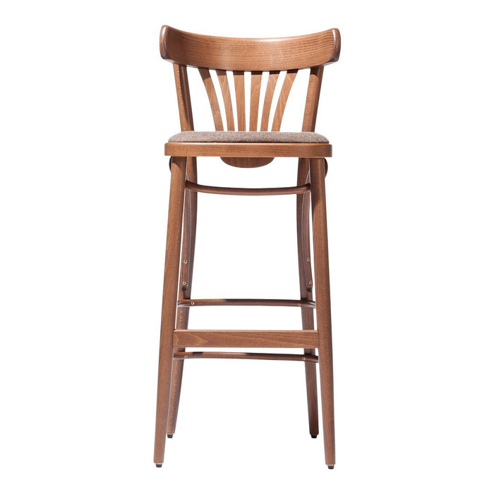 Natural wood bar stool with a light brown finish and classic slatted back design. Perfect for modern rustic decor.