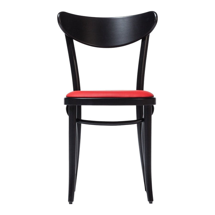 Black wooden chair with a smooth finish and a vibrant red upholstered seat. Modern design, minimal patterns.