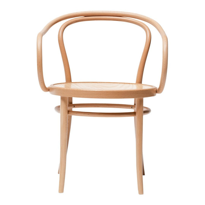 Light natural wood chair with a simple, curved design and a woven seat, showcasing a minimalist aesthetic.