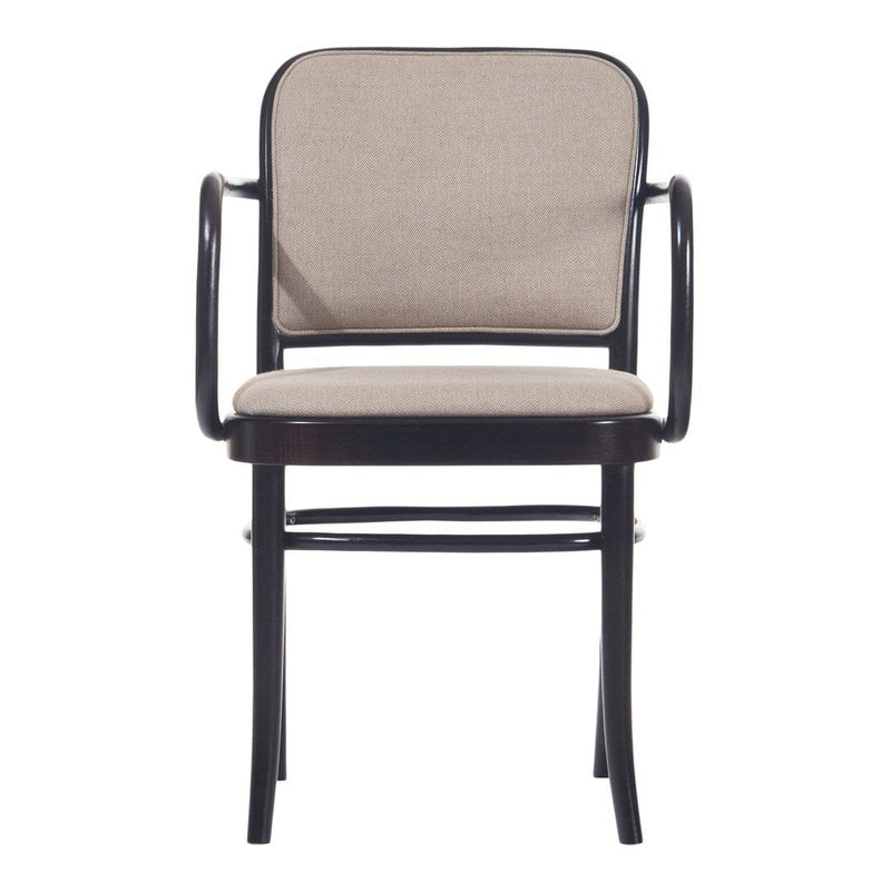 Elegant black chair with a neutral beige fabric seat and backrest, featuring a simple, clean design.