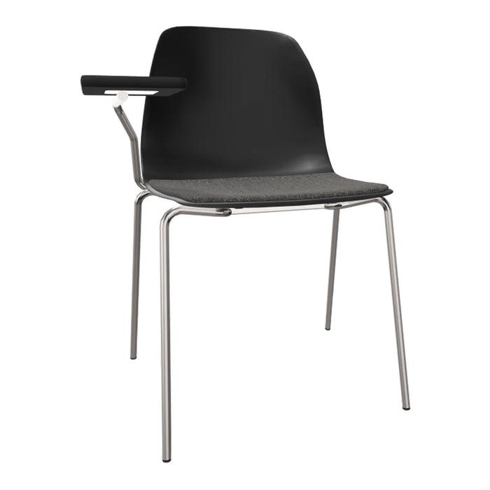 Black chair with a gray fabric seat and sleek metallic legs, featuring a modern minimalist design.