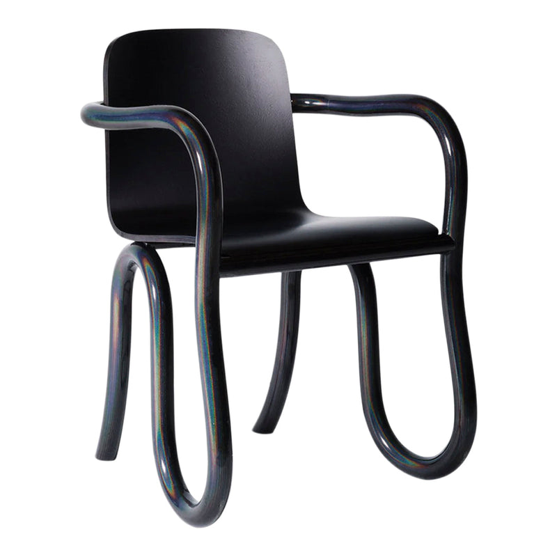 Black chair with iridescent, curved metal arms and legs, showcasing a sleek, modern design.
