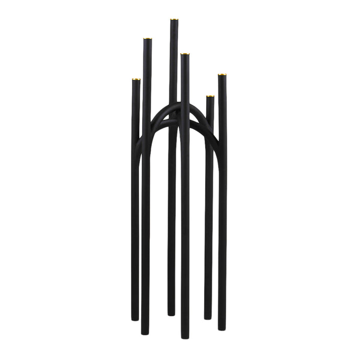Black metal candle holder with sleek, modern lines and gold accents at the top. Perfect for a contemporary decor.