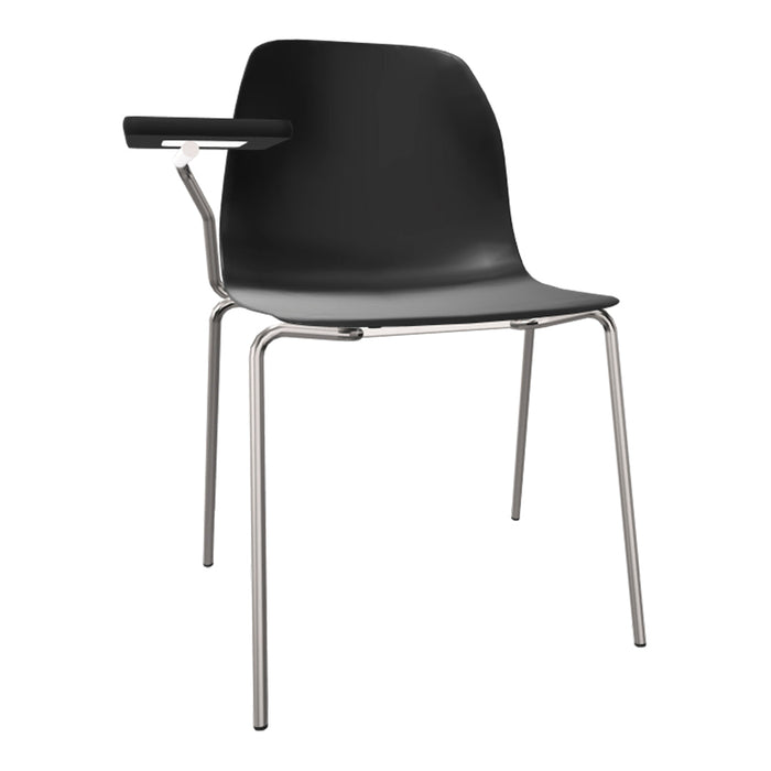 Black plastic chair with a sleek chrome frame and minimalist design. Modern style for any space.