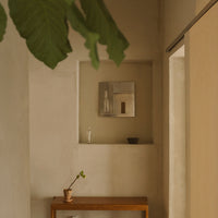 "Neutral beige walls with subtle texture, complemented by warm wooden accents and greenery for a serene ambiance."