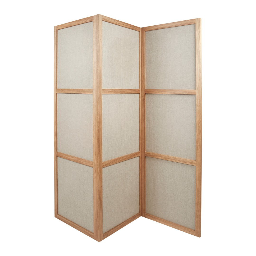 "Natural wood frame with neutral beige fabric panels, featuring a simple, modern design."