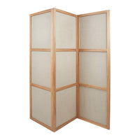 "Natural wood frame with neutral beige fabric panels, featuring a simple, modern design."