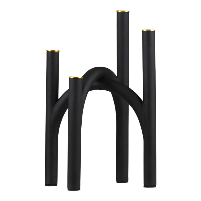 Black candle holder with sleek matte finish and elegant gold accents, featuring a unique tubular design.