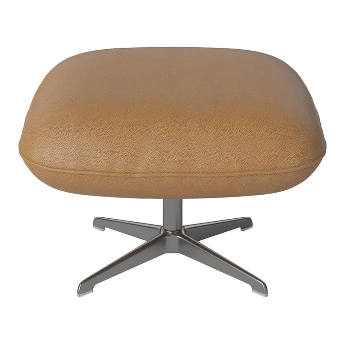 Tan leather ottoman with a smooth texture, featuring a sleek silver base and minimalist design.