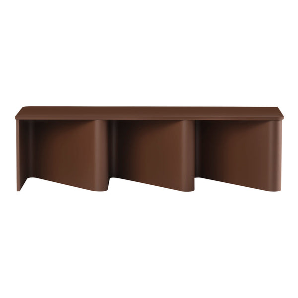 Brown modern console table with a sleek, minimalist design and curved edges, perfect for contemporary decor.
