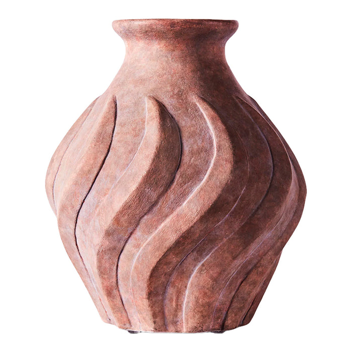 Textured terracotta vase in warm, earthy tones with wavy patterns and a glossy finish. Ideal for home decor.