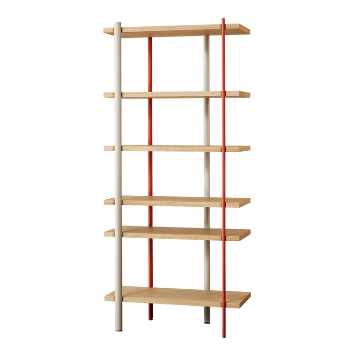 Modern bookshelf with natural wood shelves and contrasting red and white metal frame. Stylish and functional design.