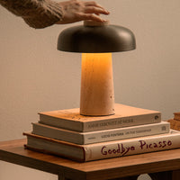 Modern lamp with a black metal shade, warm yellow glow, and a light wood base, topped with stacked neutral-colored books.