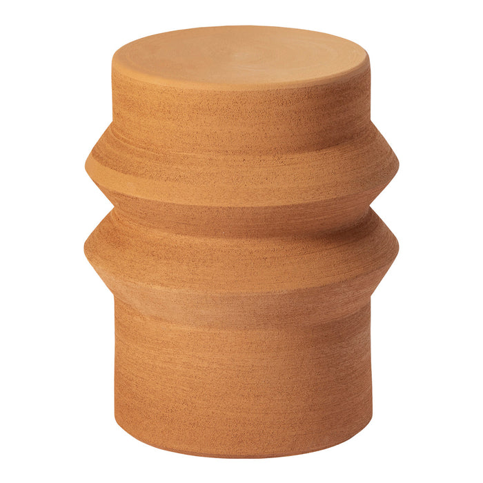 Terra cotta stool with a textured, geometric design featuring smooth and ridged sections in warm, earthy tones.