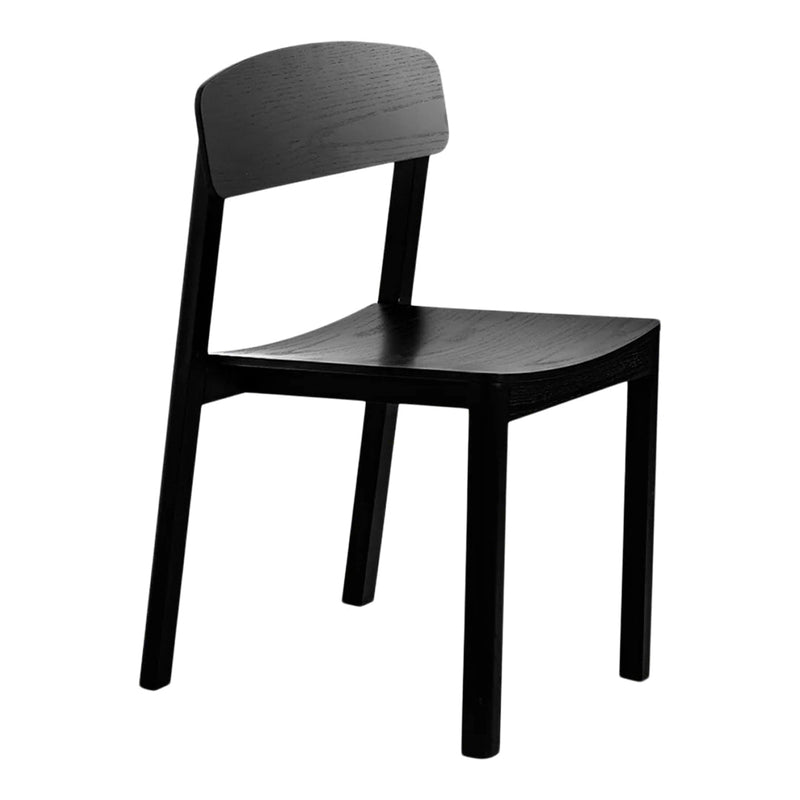 Black wooden chair featuring a sleek, minimalist design with clean lines and a smooth finish. Perfect for modern decor.