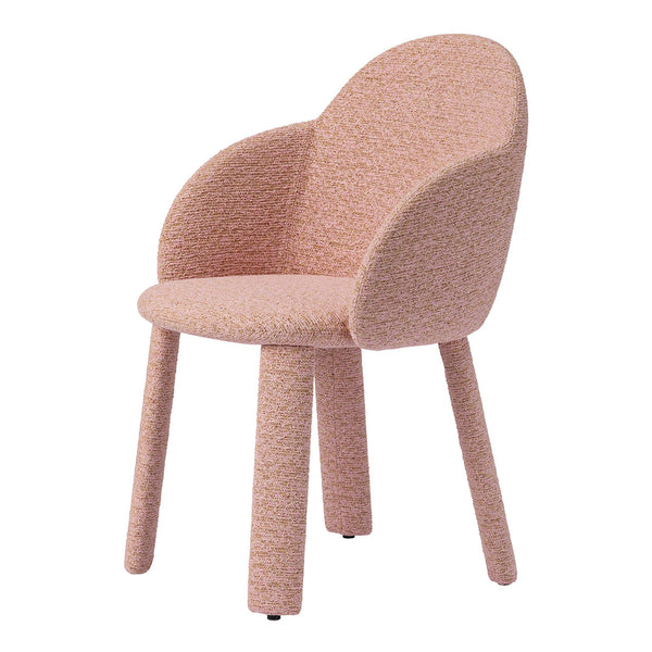 Blush pink upholstered chair with textured pattern and wooden legs, perfect for modern interiors.