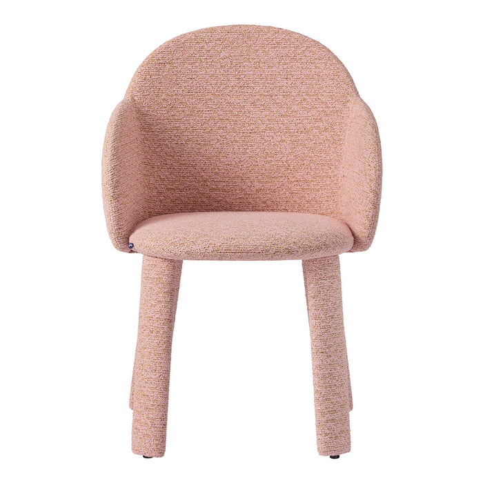 Soft pink textured chair with a cozy, inviting appearance and rounded armrests, perfect for modern decor.