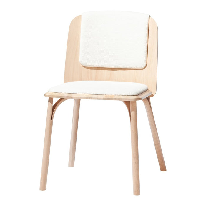 Light wood chair with a minimalist design, featuring a soft white cushion for comfort and a clean, modern look.