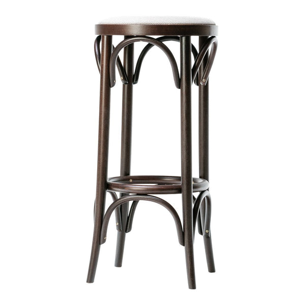 Brown wooden bar stool with curved designs and a smooth, round seat, featuring an elegant, minimalist style.