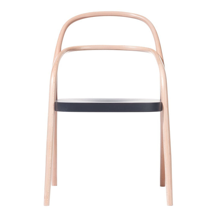 Minimalist wooden chair with a light natural finish and a sleek black seat. Simple, modern design.