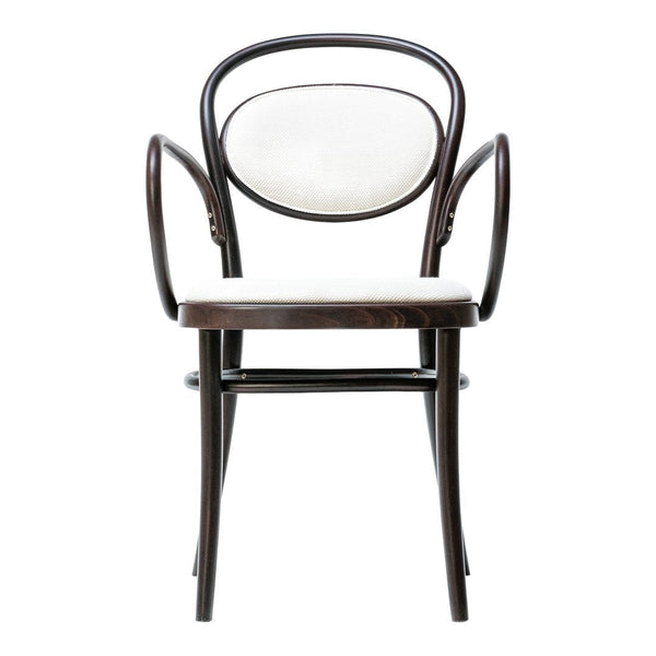 Elegant dark wood chair with a sleek, round back and soft white upholstery, blending classic and modern aesthetics.
