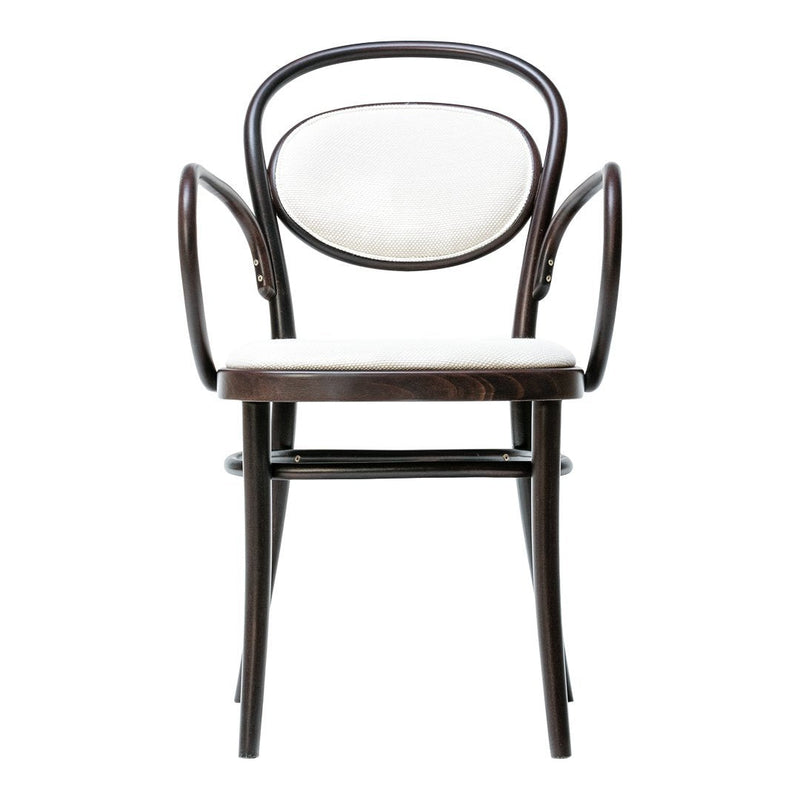 Elegant dark wood chair with a sleek, round back and soft white upholstery, blending classic and modern aesthetics.