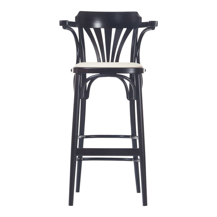 Black bar stool with a classic curved back design and a light-colored seat. Elegant and modern style for any space.