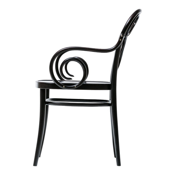 Black wooden chair featuring elegant curved armrests and a minimalist design. Perfect for modern decor.