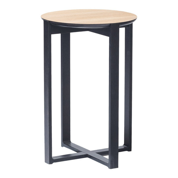 Round wooden tabletop in light oak with minimalist black metal legs. Modern and sleek design for any decor.