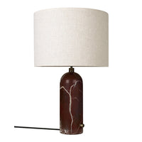 Brown marble base lamp with white linen shade, featuring subtle veining patterns for a modern decor touch.