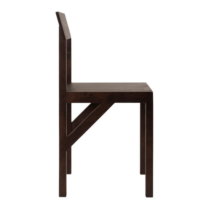 Dark brown wooden chair with a minimalist design and clean lines. Perfect for modern interiors.