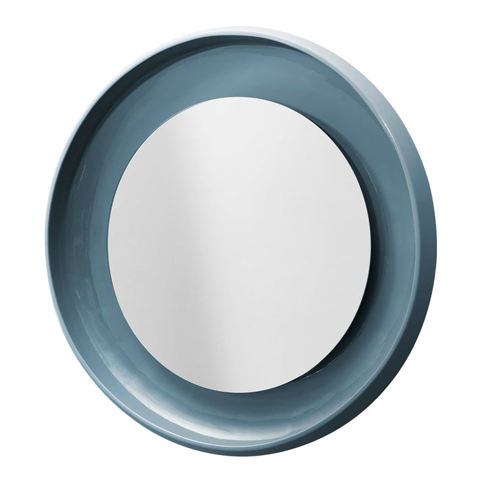 Round mirror with a glossy blue outer frame and silver reflective surface, adding a modern touch to home decor.